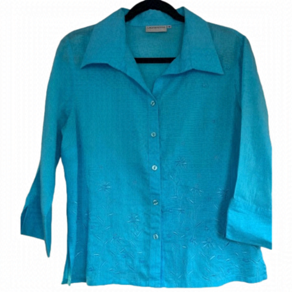 Laura Petites Blue Linen Embroidered Button Down, Collared Shirt. Size M - Picture 1 of 8